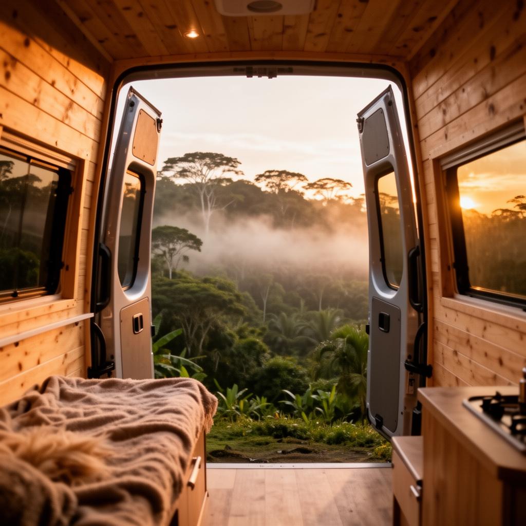 Cozy wood-paneled Sprinter van interior at dawn overlooking the Costa Rican jungle