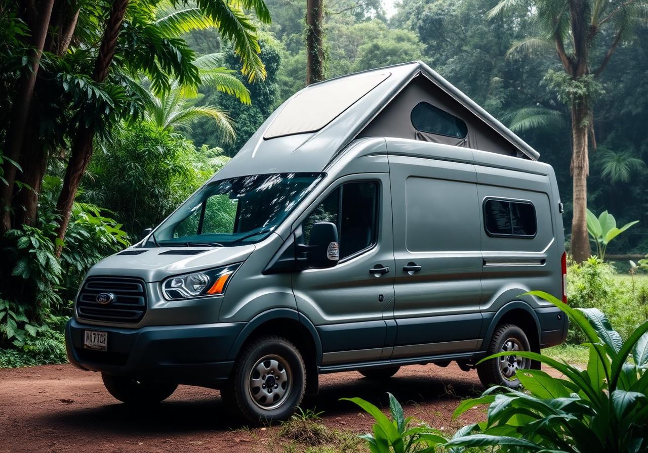 Grey Ford Transit camper conversion in a Costa Rican rainforest