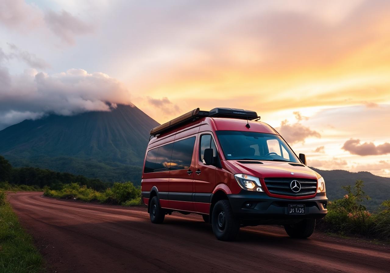 Red Mercedes Sprinter camper van on a dirt road with Arenal volcano